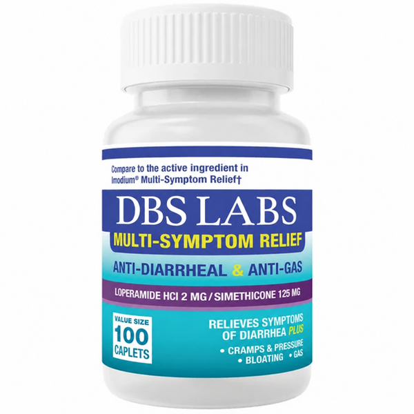 DBS Labs Anti-Diarrheal & Anti-Gas - Loperamide 2mg & Simethicone 125mg, 100 Caplets (Generic Immodium Multi Symptom Relief)