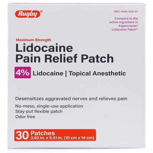 RUGBY Pain Relief - Lidocaine Patches 4%, 30 Patches (Generic Aspercreme)