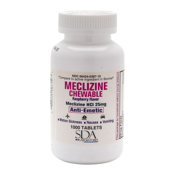 MECLIZINE 25MG 1000CT CHEWABLE TABLETS by SDA LABS