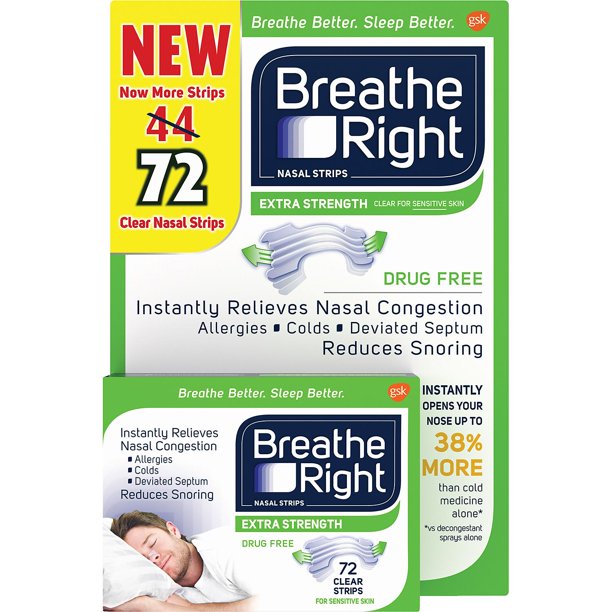 Breathe Right Extra Clear Nasal Strips Drug Free Sensitive (72 Extra Clear Strips (Sensitive Skin))