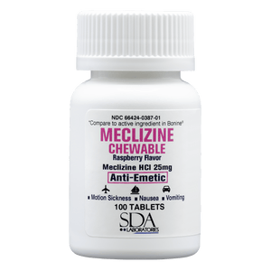 Meclizine 25 mg Generic For Bonine Chewable Tablets for Prevention of Motion Sickness and Anti-Nausea 100 Tablets per Bottle SDA LABS