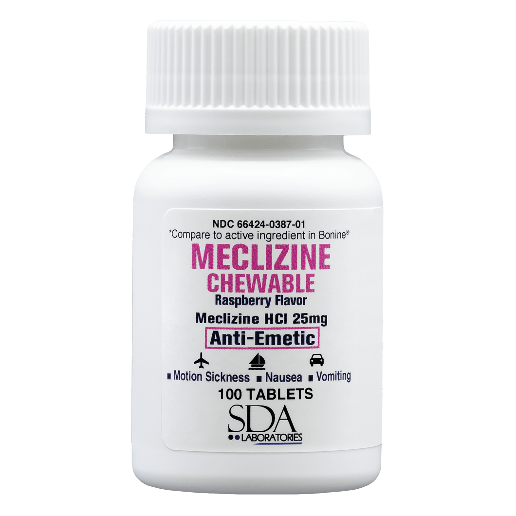 Meclizine 25 mg Generic For Bonine Chewable Tablets for Prevention of Motion Sickness and Anti-Nausea 100 Tablets per Bottle SDA LABS