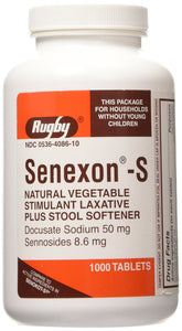 Rugby Senexon-S Generic for Senokot-S Vegetable Laxative Tablets Bottle of 1000 (Docusate sodium 50 mg, Sennosides 8.6 mg)