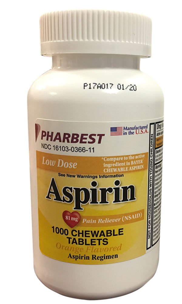 Pharbest Aspirin 81mg Chewable Orange Tablets 1000 Count Per Bottle