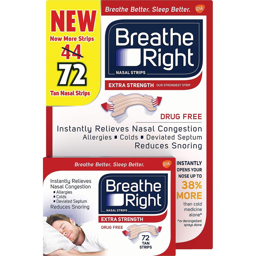 Breathe Right Extra Strength Tan Strips Reduces Snoring-Free Nasal Strips for Nasal Congestion Relief-72 Count